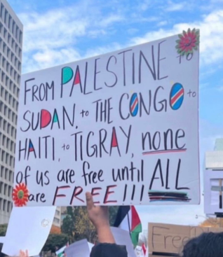 A protester holds a sign that reads, "From Palestine to Sudan to The Congo to Haiti to Tigray, none of us are free until ALL are FREE!!"